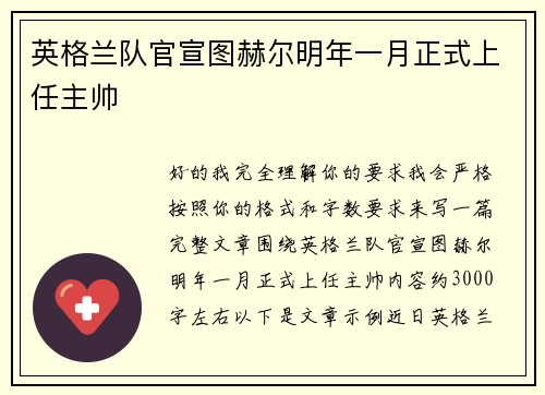 英格兰队官宣图赫尔明年一月正式上任主帅 英格兰队官宣图赫尔明年一月正式上任主帅